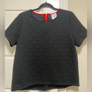 Gray LA Small Black Sweater Blouse Embossed Polka Dot With Red Zipper on Back